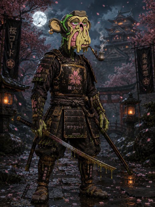 A surreal samurai figure with a melting face, wearing armor with cherry blossom motifs, holds a sword in a dark Japanese setting with a castle and moon.