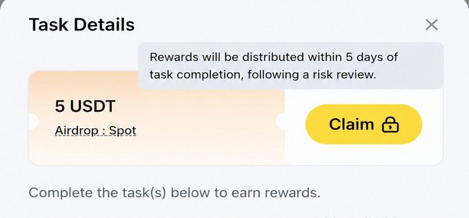 A task details interface showing a '5 USDT' reward from 'Airdrop:_Spot' with a yellow 'Claim' button and a message that rewards will be distributed within 5 days of task completion.