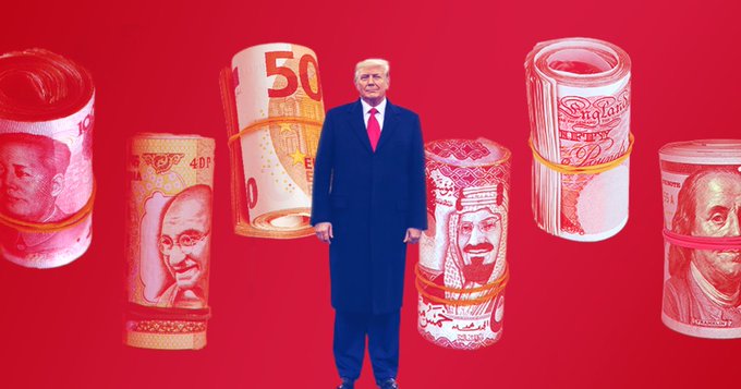 A digitally edited image shows President Trump standing in a blue coat and red tie against a red background, flanked by rolled-up bundles of international currency (including Chinese yuan, Indian rupee, and Saudi riyal) featuring visible denominations like "50" and "400," satirizing his suggestion to pay off the $35 trillion U.S. national debt using cryptocurrency.