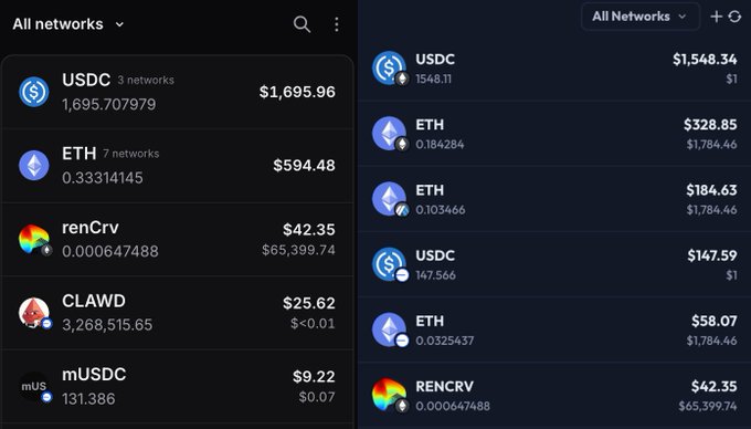 A side-by-side comparison of two crypto wallet portfolio views showing identical assets—including USDC ($1,695.96), ETH ($594.48), renCrv ($42.35), CLAWD ($25.62), and mUSDC ($9.22)—where the left view consolidates multi-network token balances into single line items, while the right view lists each token per network separately, illustrating the user's preference for the cleaner, less repetitive display on the left.