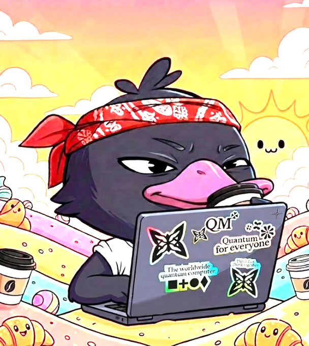 A cartoon penguin wearing a red bandana works on a sticker-covered laptop labeled "QM - Quantum for everyone" in a cheerful pastel scene.