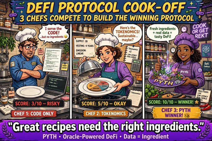 A colorful cartoon infographic titled 'DEFI PROTOCOL COOK-OFF: 3 CHEFS COMPETE TO BUILD THE WINNING PROTOCOL,' featuring three chef characters representing Code Only (3/10), Tokenomics (5/10), and PYTH Winner (10/10), with the tagline 'Great recipes need the right ingredients.'