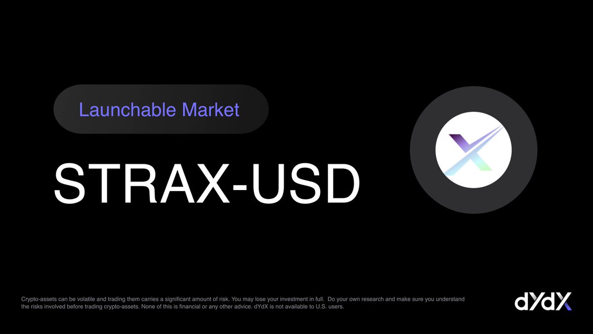 The image is a black and white poster with an arrow pointing to the word "STRAX" written above it. Below this, there's text that says "Launchable Market: $STRAX You can now launch @XertraPlatform on dYdX!". The poster appears to be related to a post about the STRAX-USD cryptocurrency and marketplace.