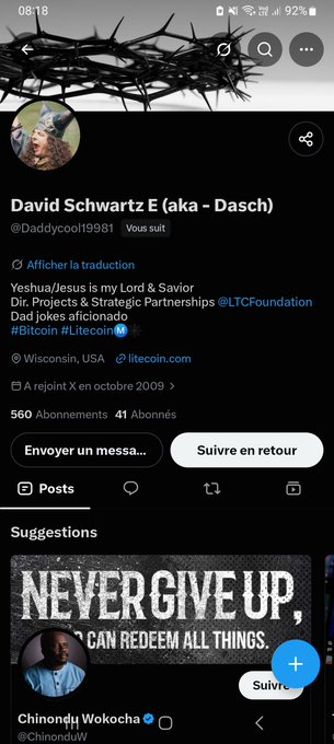 A mobile Twitter/X profile page for 'David Schwartz E (aka - Dasch)' (@Daddycoo119981) shows bio details referencing Yeshua/Jesus, LTC Foundation, and Bitcoin/Litecoin, written in French interface.