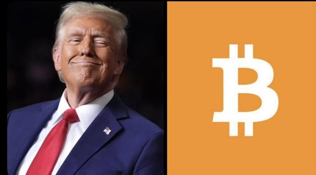 This image shows a split view of former U.S. President Donald Trump and the Bitcoin (BTC) logo, suggesting a connection to the reported over $1 billion in revenue he earned from crypto activities.