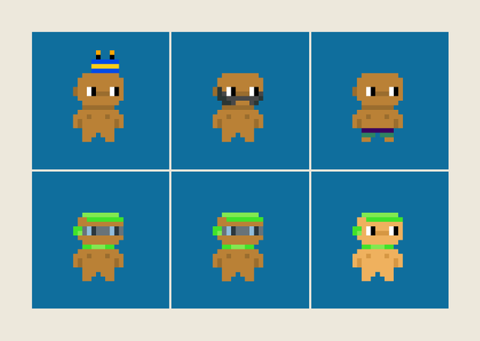 The image features six different cartoon characters, each wearing unique costumes and accessories. The characters include a brown bear with a crown, a green fish, an orange fish, a brown bear with glasses, a brown bear with a hat, and a brown bear in a swimsuit. These characters are arranged in two rows of three against a blue background, creating a visually appealing and engaging display for the viewers.