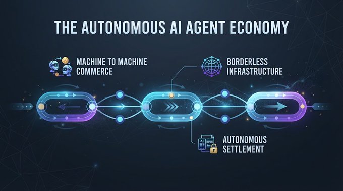 An infographic titled 'THE AUTONOMOUS AI AGENT ECONOMY' illustrates 'MACHINE TO MACHINE COMMERCE', 'BORDERLESS INFRASTRUCTURE', and 'AUTONOMOUS SETTLEMENT' with glowing chain links.
