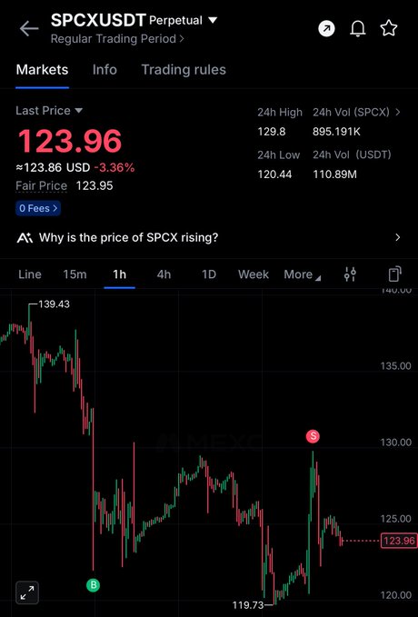 The image shows a cryptocurrency trading chart for SPCXUSDT, with the current price at 123.96 and the query "Why is the price of SPCX rising?" visible. This relates to the post's description of SPCX potentially being a "meme coin."