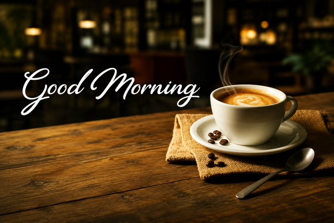 The image features a wooden table with a white cup of coffee, a spoon, and a napkin placed on top. The text "Good morning" is written above the coffee cup, indicating that it's time for breakfast or a morning drink. The background shows blurred lights from a restaurant setting, suggesting an indoor environment where people gather to enjoy their meals.