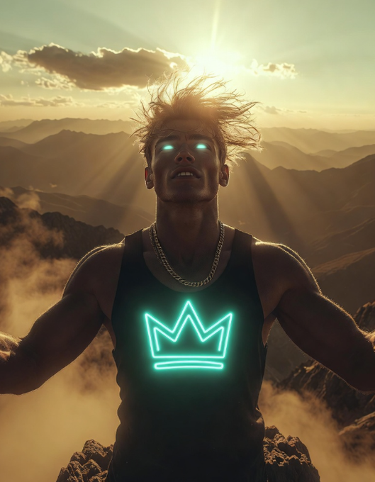 The image features a man wearing a black tank top that has a crown design on it. The sun is shining brightly behind him, creating a warm glow over his face as he looks up at the sky with a smile on his face. The caption of the image reads "GM CT I slept a little too much today, so I just woke up", which seems to be related to the post about managing and using different cryptocurrencies.