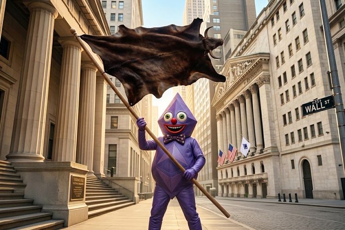 An EthDoge-style purple Ethereum character stands on Wall Street holding a bull flag, with a street sign reading "WALL ST" visible on the right.
