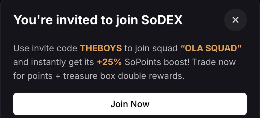 A digital invitation card for SoDEX inviting the user to join the 'OLA SQUAD' with invite code 'THEBOYS' for a +25% SoPoints boost and treasure box rewards, featuring a 'Join Now' button.