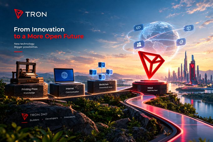 A promotional graphic for 'TRON' with the tagline 'From Innovation to a More Open Future' showcases a futuristic timeline from 'Printing Press' to 'Web3', featuring the TRON DAO logo.
