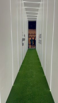 A view down a narrow corridor with white illuminated walls and green artificial turf flooring, leading toward a display of figures at the end.