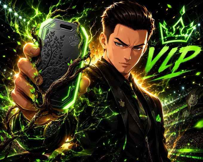 The image features a man dressed in a suit holding a cell phone, with a crown on his head. The background of the image is dark green, which gives off an impression of a forest or jungle setting. The caption for this image reads "Chắc hẳn anh em nào đâng farm @CNPYNetwork thì sẽ không xa lạ gì với thẻ VIP đặc quyền sở hữu tác là có thể sở hữu nó rồi không". The image is related to the post because it features a man dressed in a suit holding a cell phone, which could be interpreted as an advertisement for a product or service.