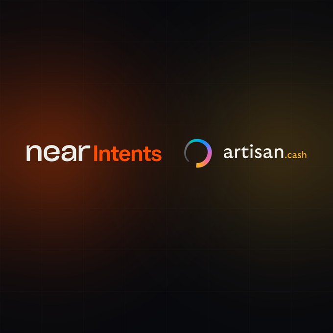 The image displays the "near Intents" logo alongside the "artisan.cash" logo featuring a colorful circular icon, set against a dark gradient background. This visual ties to the post by symbolizing the integration partnership between NEAR Intents' cross-chain swap infrastructure and Artisan Cash's yield-focused platform, reinforcing the message that assets should work for users after being bridged rather than remain idle.