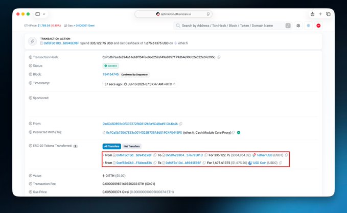 A browser screenshot of an Optimistic Etherscan transaction page showing a 'Sweep $335,122.75 USD' action that spent and got cashback in Tether USD and USDC tokens.