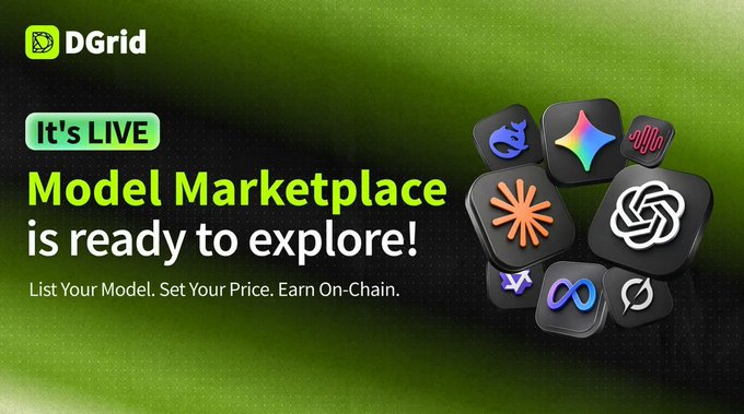 A promotional banner with a green background reads 'DGrid It's LIVE Model Marketplace is ready to explore! List Your Model. Set Your Price. Earn On-Chain.', alongside a cluster of various AI and tech company logos.