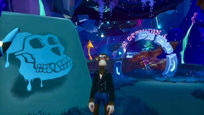 A colorful video game scene featuring an anthropomorphic monkey character standing next to a wall with a blue spray-painted skull design, with glowing mushroom-like structures in the background.