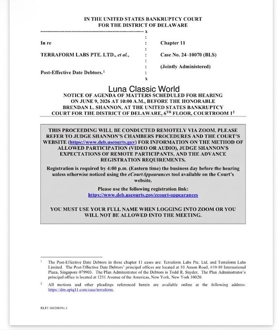The image shows a document titled "In The United States Bankruptcy Court for the District of Delaware Court Case #24-7 at 4:00 PM on June 9, 2026." It appears that there are two people involved in this case - one person is named Terraform Labs and the other is named LUNC Community. The document also mentions a website called "www.durk.com" which might be related to the case or could provide additional information about the court proceedings.