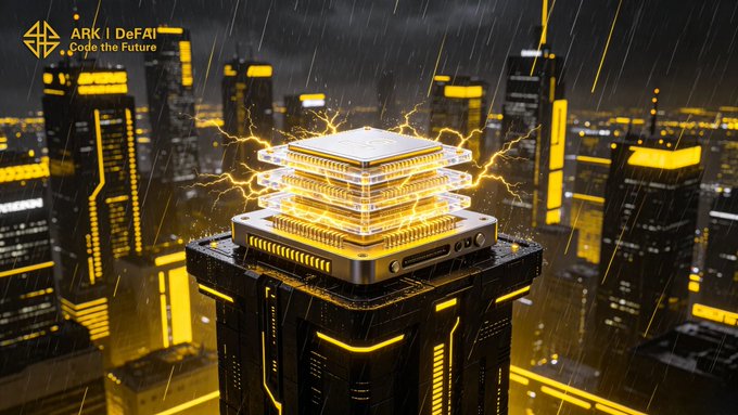 The image features a tall building with a square base and multiple levels of stacked cubes or towers on top. The cubes are illuminated by yellow lights, creating an impressive visual effect against the dark background. The text "ARKI AI App turns intelligence into infrastructure." is written in black at the bottom of the image. This suggests that the image may be related to a post about Arkie AI and its capabilities for processing data and executing tasks efficiently.
