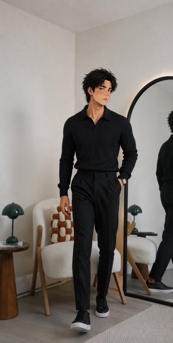A stylized anime-like illustration of a handsome dark-haired man wearing a sleek black long-sleeve polo and matching pants, posing confidently in a minimalist room with a mirror and modern decor. The polished, fashionable aesthetic fits the "gm ct motion sunday" vibe, capturing a stylish, ready-for-the-week energy.