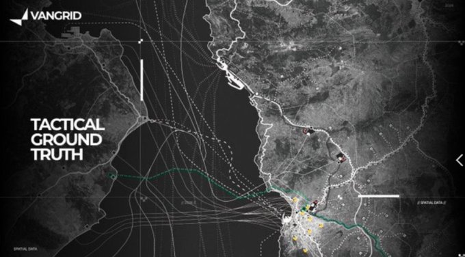 A dark satellite-style map interface labeled 'VANGRID' shows 'TACTICAL GROUND TRUTH' with various tracking lines and markers overlaid on the terrain.