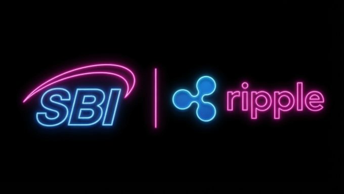 A neon sign displaying the SBI Holdings and Ripple logos against a black background, indicating their partnership.