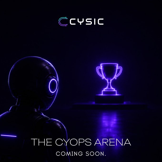 The image features a robot with a helmet that has a neon light on its head, giving it an futuristic appearance. In front of the robot's head, there is a trophy or cup, possibly representing a prize for winning a competition related to CyOps. The text in the image reads "The Cyops Arena" and "The Cyops Arena Coming Soon." This suggests that the robot might be participating in a competition at the CyOPS arena, where it will showcase its skills and compete against other robots or teams.