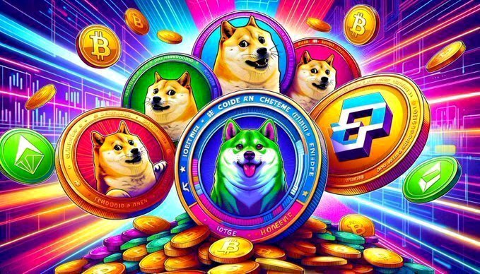 A vibrant, colorful digital artwork featuring Doge and Shiba Inu dog faces on cryptocurrency coins (Bitcoin and others) in a meme-style celebration of crypto culture.