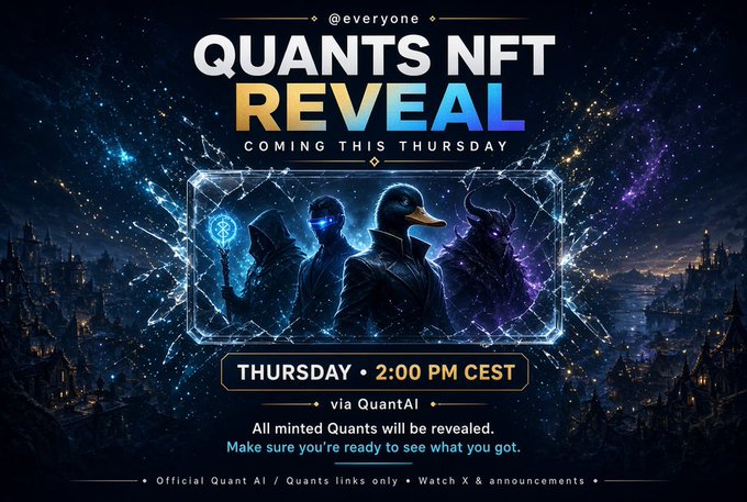 A promotional graphic for a 'QUANTS NFT REVEAL' event, scheduled for Thursday at 2:00 PM CEST, featuring fantasy characters in a crystal frame.