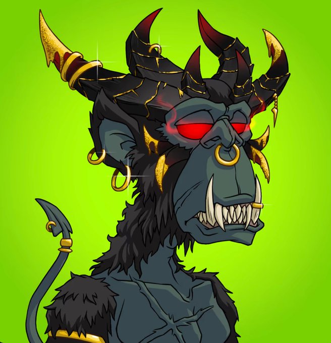 A cartoon-style illustration of a snarling, horned demon-like creature with glowing red eyes, a nose ring, and sharp fangs against a bright green background. The image likely represents the demonic/monkey-themed branding associated with ApeFest, the Bored Ape Yacht Club event, fitting the post's enthusiastic promotion.