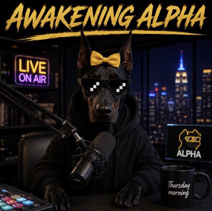 A Doberman dog wearing pixelated sunglasses and a yellow bow tie sits at a podcast setup with a microphone, displaying 'AWAKENING ALPHA' at the top, a 'LIVE ON AIR' neon sign, and a 'Thursday morning' mug.