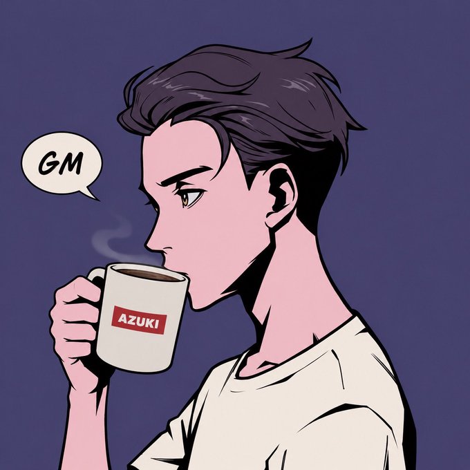 An anime-style profile portrait of a dark-haired young man drinking from a white mug labeled 'AZUKI,' with a speech bubble saying 'GM' against a dark purple background.