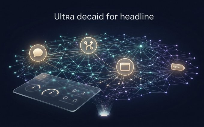 A digital graphic displays interconnected nodes and icons floating above a transparent smartphone with binary code, featuring the text 'Ultra decaid for headline'.
