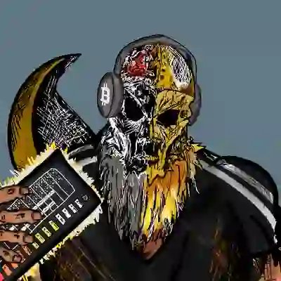 A stylized digital illustration depicts a skeletal Bitcoin-themed Viking warrior wearing headphones with the Bitcoin logo, set against a teal background.