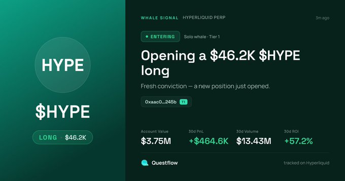 A financial dashboard from Questflow displays a 'WHALE SIGNAL' showing someone 'ENTERING' a $46.2K LONG position on HYPE ($HYPE) on Hyperliquid Perp, with an account value of $3.75M and 30d PnL of +$464.6K.