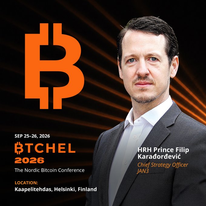 A conference poster for 'BTCHEL 2026 - The Nordic Bitcoin Conference' on SEP 25-26, 2026 at Kaapelitehdas, Helsinki, Finland, featuring HRH Prince Filip Karadordević, Chief Strategy Officer of JAN3, alongside a large Bitcoin 'B' logo.