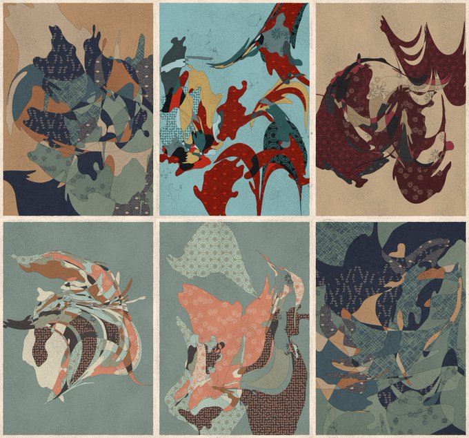 A collage of six abstract artwork panels featuring fluid, organic shapes in various color palettes including blues and greens, red and teal, dark reds and browns, and earthy tones, all incorporating patterned textures.