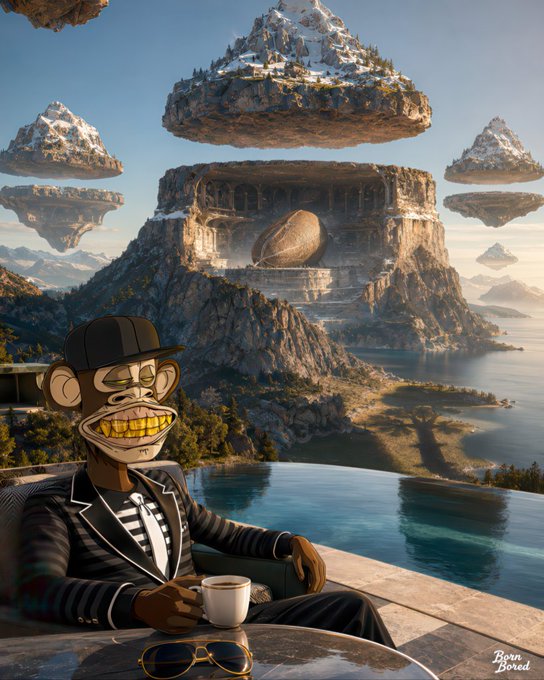 A Bored Ape character in a suit and cap lounges with coffee beside a stunning landscape featuring floating islands and a treasure egg nestled in a mountain, symbolizing incremental progress toward grand goals. The watermark reads "Born Bored." The surreal imagery of slowly shifting mountains and hidden treasure visually echoes the message that lasting success—like conquering mountains or discovering hidden value in Web3—comes from persistent, step-by-step effort rather than overnight transformation.