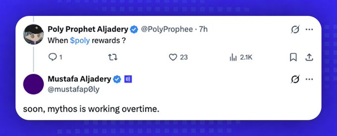 The image shows a Twitter status update posted by a user named @Polymarket. The post includes information about a reward system called "POLY REWARDS" that will soon be active, with an explanation of what this means for Mythos (a community). The post also mentions that the rewards pipeline is being actively worked on, but no specific details or timeline are provided.