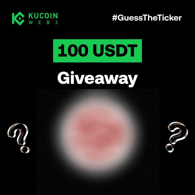 The image features a black background with two questions posed at the bottom of the screen. The first question asks if someone has "guess the crypto" written on their answer sheet, while the second question inquires about the ticker of KuCoin's website.