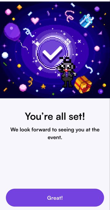 A mobile confirmation screen with a pixel-art party illustration displays "You're all set! We look forward to seeing you at the event." with a purple "Great!" button.