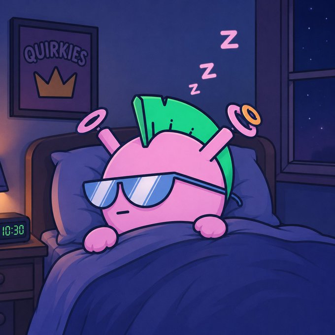 A cartoon pink character with a green leaf on its head sleeps in a bed wearing blue sunglasses, with 'Zzz' floating above and a digital clock on the nightstand showing '10:30', beneath a framed poster that says 'QUIRKIES'.