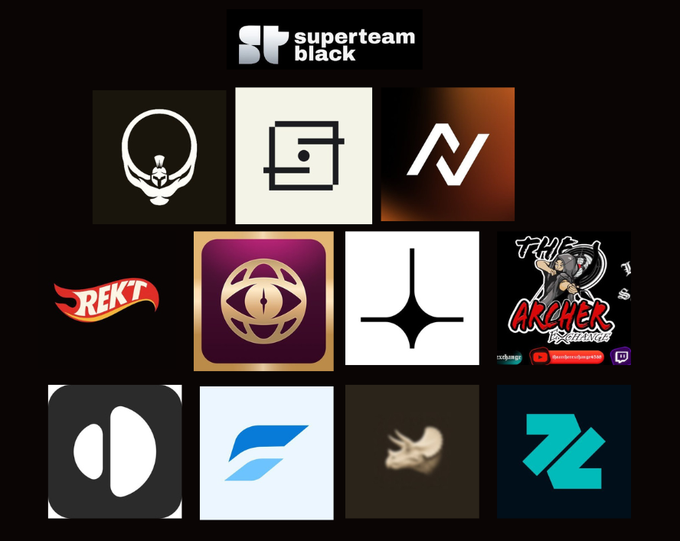 The image features a grid of twelve logos arranged in four rows and three columns against a black background. The logos include various companies such as "Superteam Black", "Rekt", "Titan_exchange", and "realRockyChung". Each logo is accompanied by a brief description, providing context about the company or product associated with it.