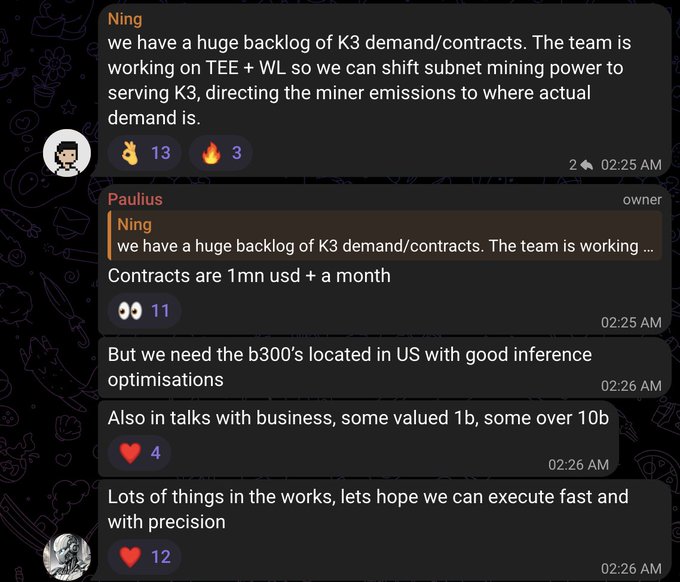A Discord chat conversation where user 'Ning' mentions a 'huge backlog of K3 demand/contracts.' User 'Paulius' replies that 'Contracts are 1mn usd + a month' and mentions the need for B300s located in the US and ongoing talks with businesses valued at 1b to over 10b.
