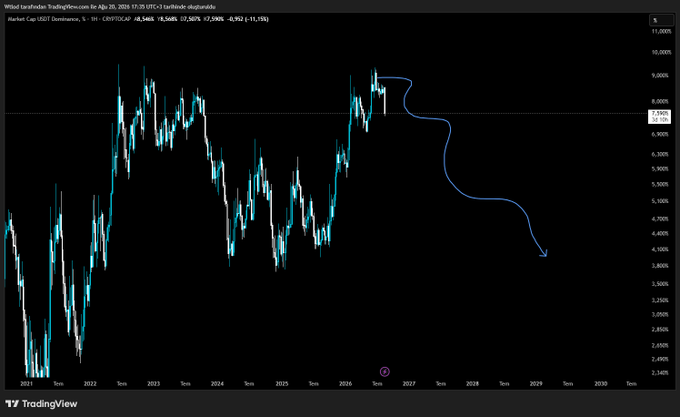 A TradingView chart of USDT.D (USDT Dominance) on the weekly timeframe shows a sharp rejection at the ~9% resistance zone, with a hand-drawn blue arrow projecting a continued decline toward ~4% by 2029, illustrating the poster's expectation that the initial bearish breakdown will continue.
