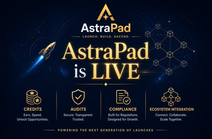 The image is a promotional banner announcing "AstraPad is LIVE" with the tagline "LAUNCH. BUILD. ASCEND." and showcases four key features: Credits (Earn, Spend, Unlock Opportunities), Audits (Secure, Transparent, Trusted), Compliance (Built for Regulations, Designed for Growth), and Ecosystem Integration (Connect, Collaborate, Scale Together), along with the bottom slogan "POWERING THE NEXT GENERATION OF LAUNCHES."

This banner visually supports the post's message by highlighting AstraPad as a strategic yet underappreciated component of the ecosystem, positioning it alongside AstraBanq as a foundational platform offering credits, audits, compliance, and integration—reinforcing the idea that its benefits are still being discovered by the broader community.