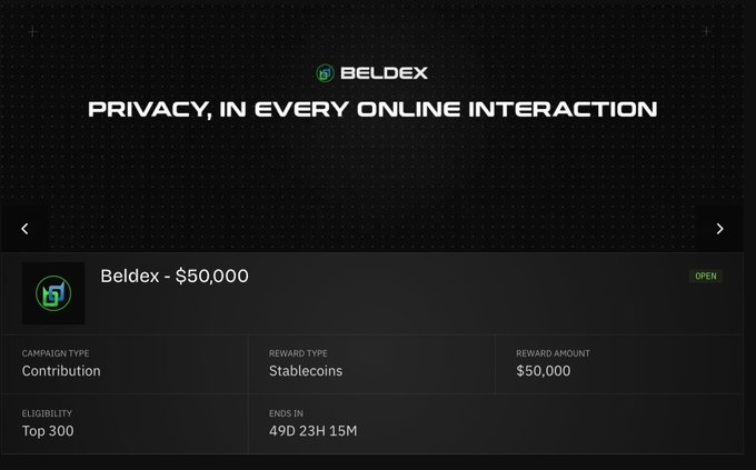 A dark-themed Beldex campaign page with the headline "PRIVACY, IN EVERY ONLINE INTERACTION," offering a $50,000 stablecoin contribution reward to the top 300 participants, ending in 49 days.