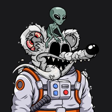 An illustration of a cartoon wolf character dressed in an astronaut suit, with a small grey alien sitting on top of its head, set against a dark grey background.